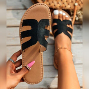 Black-leather-on-brown-sole Boho cutout design black leather for ladies