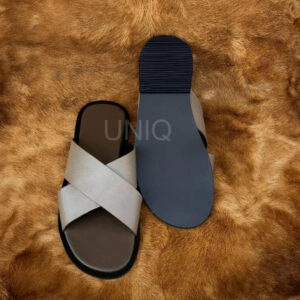 Crossed-Grey-leather- Elegant crossover straps slipper for men
