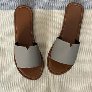 Grey-leader-on-brown-sole-ladies Notched Strap grey slipper for ladies