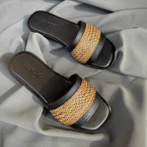 Black-with-gold-woven UNIC Woven Slide Sandals