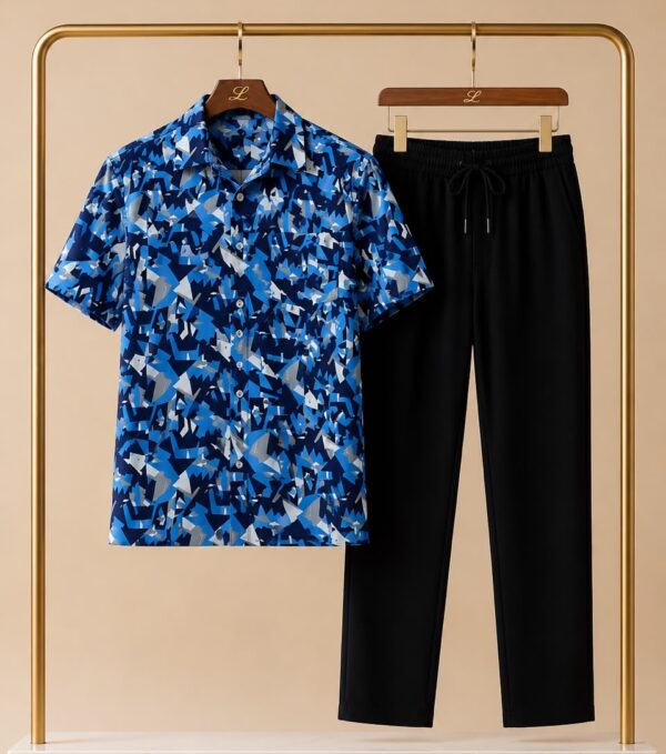 Blue Geometric Short-Sleeve Shirt with black trousers