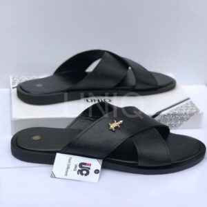 Crossed-black-leather- Criss-Cross Textured Leather Slipper for men